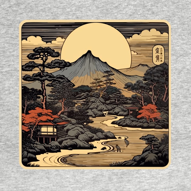 Traditional Japanese Mountain Woodcut by entwithanaxe